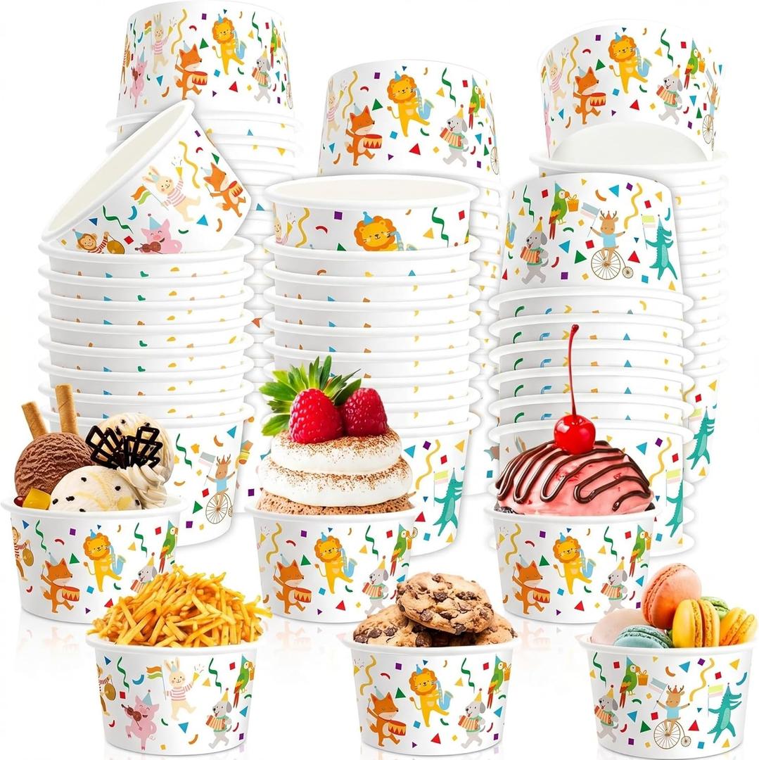 80 Pack 9 oz Animal Parade Party Ice Cream Cups Disposable Paper Dessert Snack Bowls for Hot or Cold Food Treat for Frozen Yogurt Candy Soup Birthday Baby Shower Zoo Themed Party