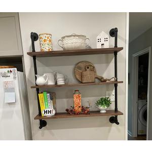 Industrial Pipe Wall Shelves with Real Wood Plank ,36 Inches Floating Shelves for Wall Farmhouse Book Shelves Dark Brown 3 Tier for Kitchen,Living Room Decor and Bar Shelving, 36 inches x 9.8 inches x 41 inches