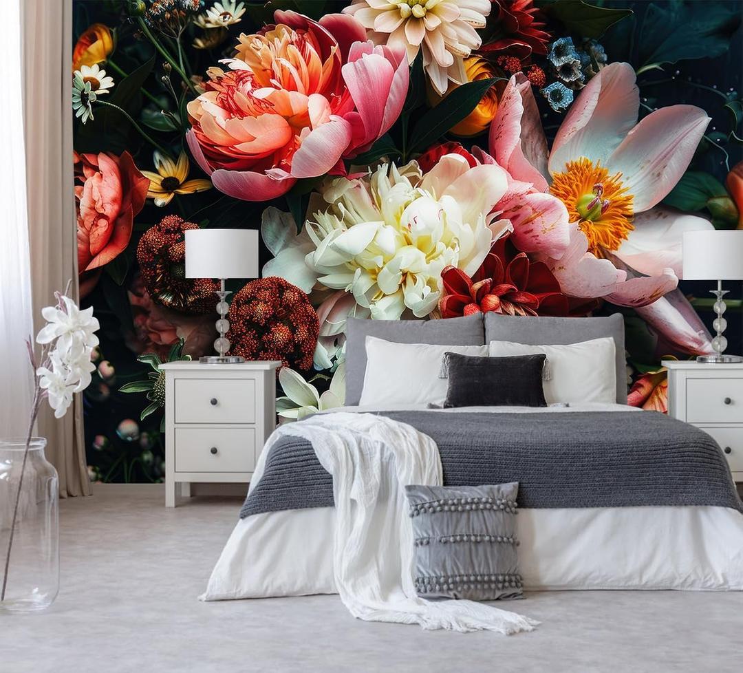 Large Floral Wallpaper Dark Peony Flowers Wall Mural for Living Room BedroomNot Peel and Stick
