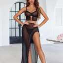 Avidlove Lingerie for Women 3 Pieces Set - Lace Long Nightgown with Side Split, Sexy Chemise for Bridal & Valentine's Day (Black, S)