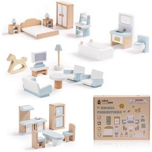 ROBUD Wooden Dollhouse Furniture Set, 23 Pcs Dollhouse Accessories, Miniature Furniture Including 5 Room Kits, Dollhouse Furniture Pretend Play Toys for Boys, Girls & Toddlers, 3+, Small