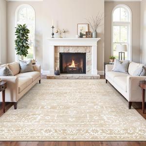 8x10 Washable Area Rugs for Living Room, Vintage Floral Non-Slip Low Pile Natural Rug Soft Throw Large Carpet for Dining Room Bedroom Home Office (Beige, 8'x10')