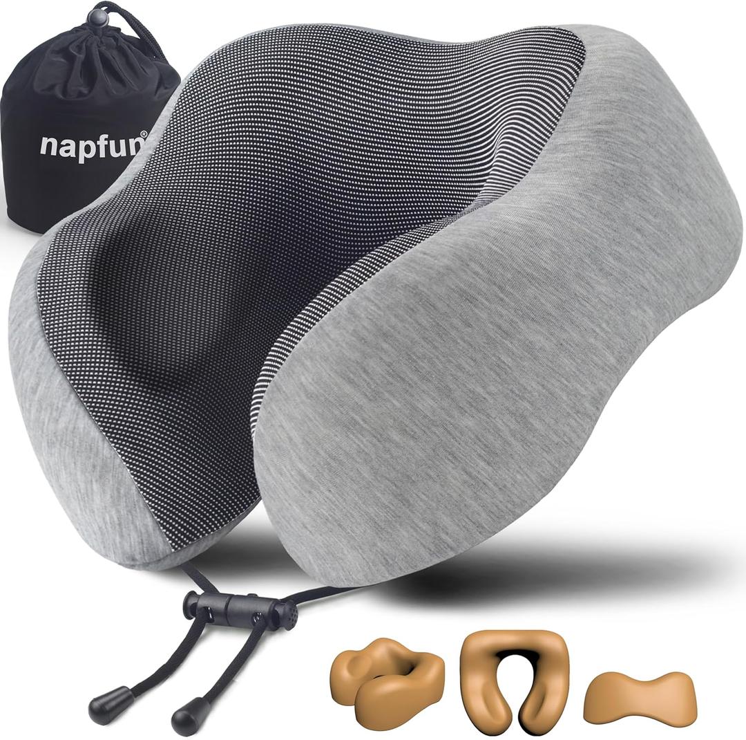 napfun Neck Pillow for Traveling, Upgraded Travel Neck Pillow for Airplane 100% Pure Memory Foam Travel Pillow for Flight Headrest Sleep, Portable Plane Accessories, Light Grey, 1 Count
