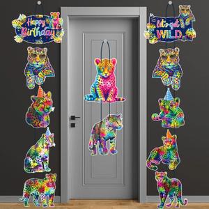 Rainbow Cheetah Party Door Sign Neon Leopard Birthday Decorations Cheetah Print Hanging Cutout Banners Rainbow Leopard Birthday Party Supplies for Animals Theme Baby Shower Door Decor