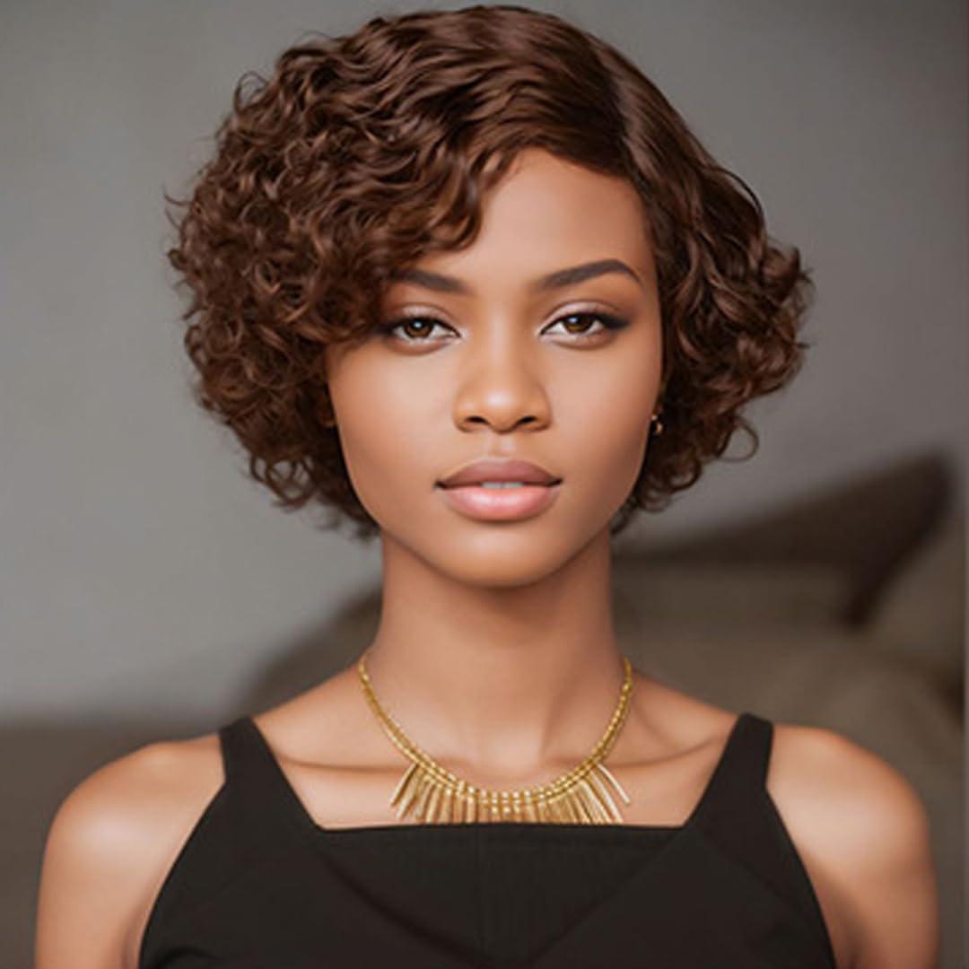 Pixie Cut Black Short Curly Bob Real Hair Wigs 13x4 Lace Front Wigs Human Hair Wear and Go Glueless Pre Plucked Deep Wave Lightweight Breathable (Brown,8inch)