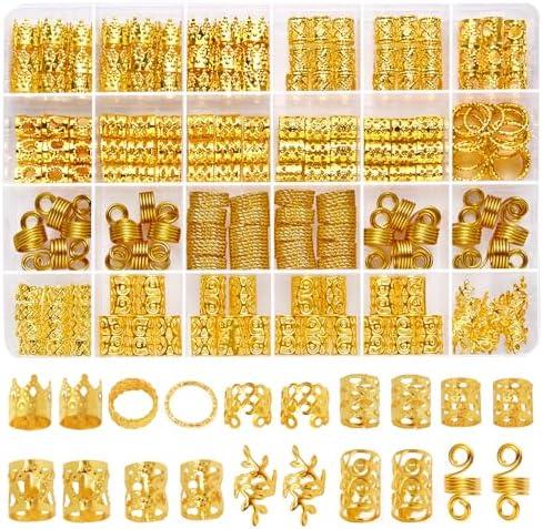Wowang Hair Jewelry for Braids Accessories 220 PCS Gold Hair Cuffs for Women Hair Charms for Braids Metal Gold Braids Rings Cuffs Clip for Dreadlock Women Hair Accessories