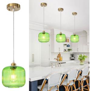 WILON 7.48'' Glass Pendant Light Vintage Light Fixtures with Green Glass Lmapshade, Modern Gold Round Hanging Light for Kitchen Island Dining Room Hallway