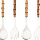 Serving Spoon and Fork Set, 304 Stainless Steel Serving Utensils with Natural Bamboo Handle, 10" Long Handle Serving Set for Kitchen Party Buffet, 4 Pieces / 2 of Each