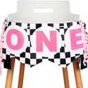 JOYMEMO Fast One Birthday High Chair Banner - Pink Black Race Car 1st Birthday Party Decorations, Girl, One Year Old Baby Photo Props Souvenir Gifts, Racing Car Party Supplies