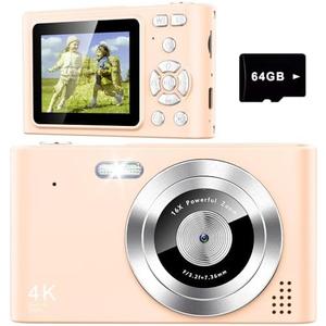 Digital Camera, Camera for Kids, UHD 4K 48MP Point and Shoot Digital Cameras with 64GB SD Card and 16X Digital Zoom Anti Shake, Compact Portable Small Gift for Boys Girls Students, Pink