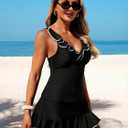 ZAFUL Women's Tankini Swimsuits V-Neck Ruffles Full Coverage Bathing Suit Swim Tank Top with Skirt (Black, M)