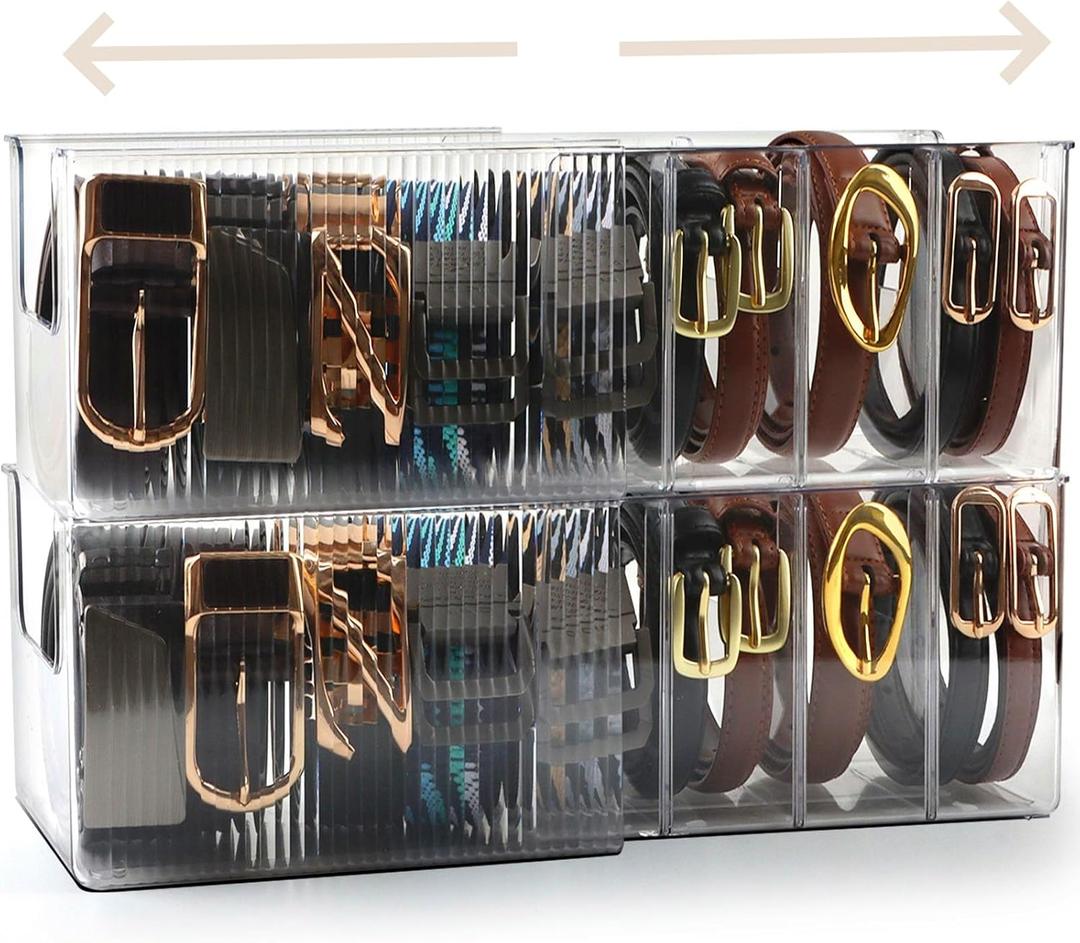 Clear Belt Organizer Extendable, 2 Pack Acrylic Belt Storage Holder with Adjustable Dividers, Belts Storage Container for Drawer and Closet Organization
