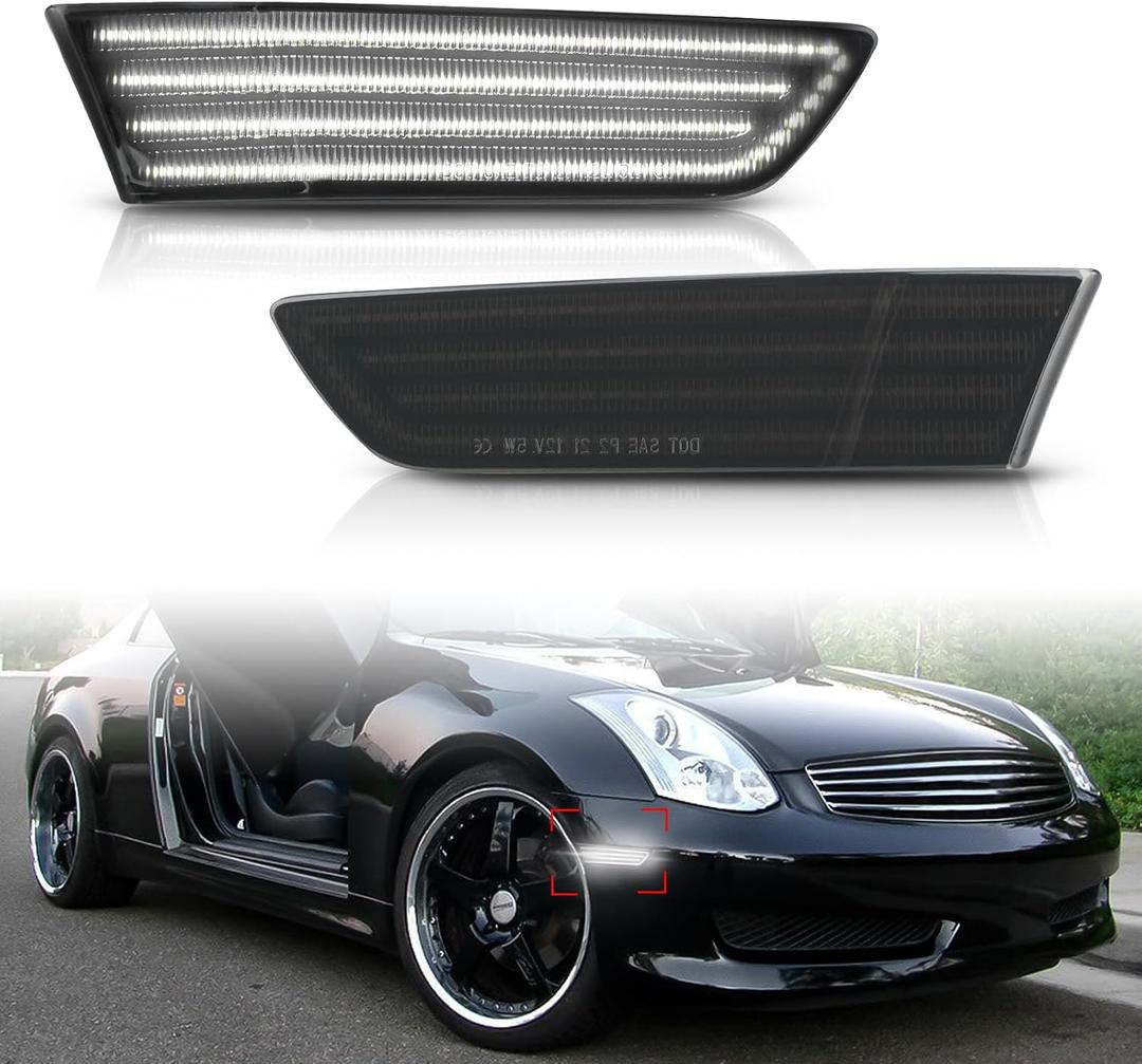 Bestview Side Marker Light Assembly Compatible for Infiniti G35 Coupe Skyline V35 2003-2007, White Front Bumper Lamps, Smoked Lens 2PCS