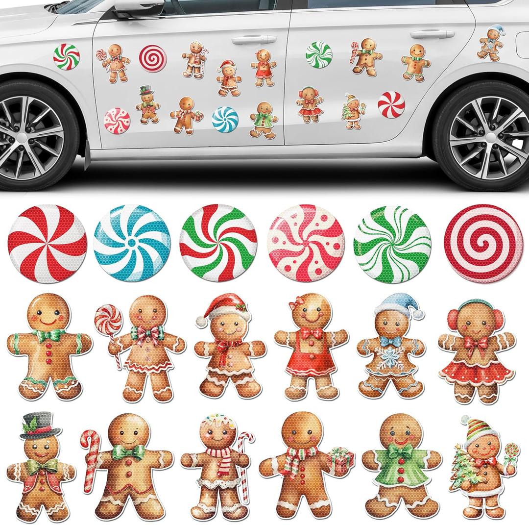 Christmas Reflective Car Magnet Decoration Set, Xmas Gingerbread Candy Car Refrigerator Garage Magnet Decals Holiday Magnetic Decoration Stickers for Mailbox Fridge Cruise Ship Door Decor