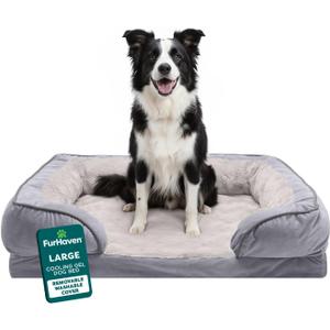 Furhaven Cooling Gel Dog Bed for Large/Medium Dogs w/ Removable Bolsters & Washable Cover, For Dogs Up to 55 lbs - Plush & Velvet Waves Perfect Comfort Sofa - Granite Gray, Large