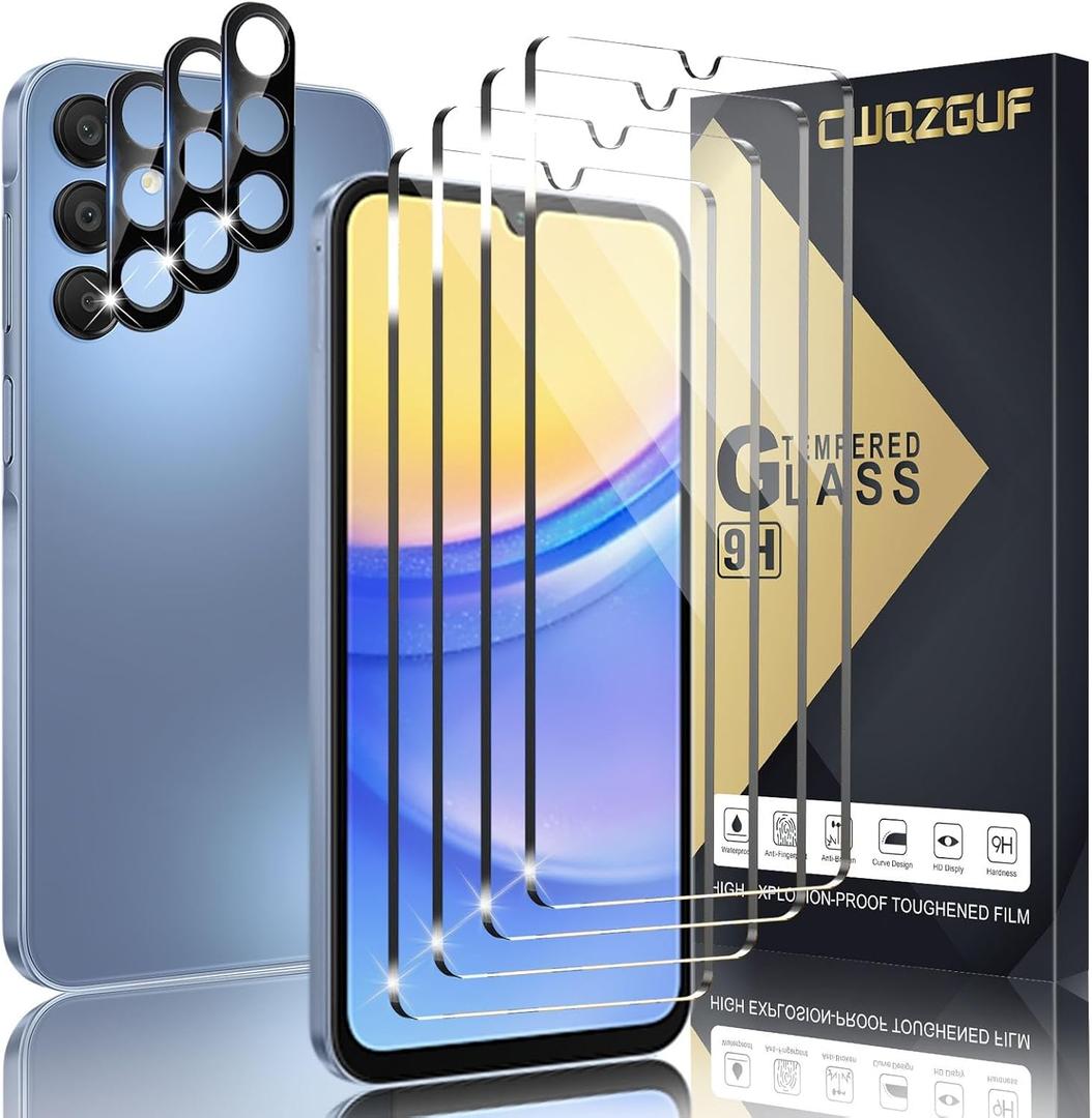 4 x [4+3 Pack Screen Protector Compatible with Galaxy A15 5G, 4 Tempered Glass with 3 Camera Lens Protectors, High Clarity, Anti-Shatter, Bubble Free