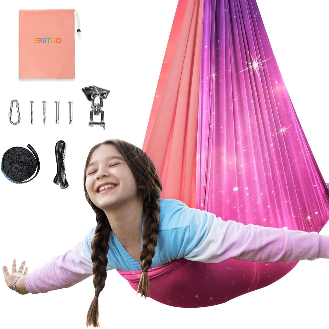 OUTREE Sensory Swing for Kids, Double Layer Therapy Hammock, Indoor Swing with 360° Swivel Hanger Kit and Adjustable Straps, Autism Sensory Product for Autism, ADHD or SPD (Pink Starry-Sky Printed)