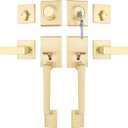 Goldenwarm Double Front Door Lock Set, Gold Double Door Handle Set, Gold Double Door Handle with Dummy, Modern Double Front Door Hardware Set with Reversible Handle Lever