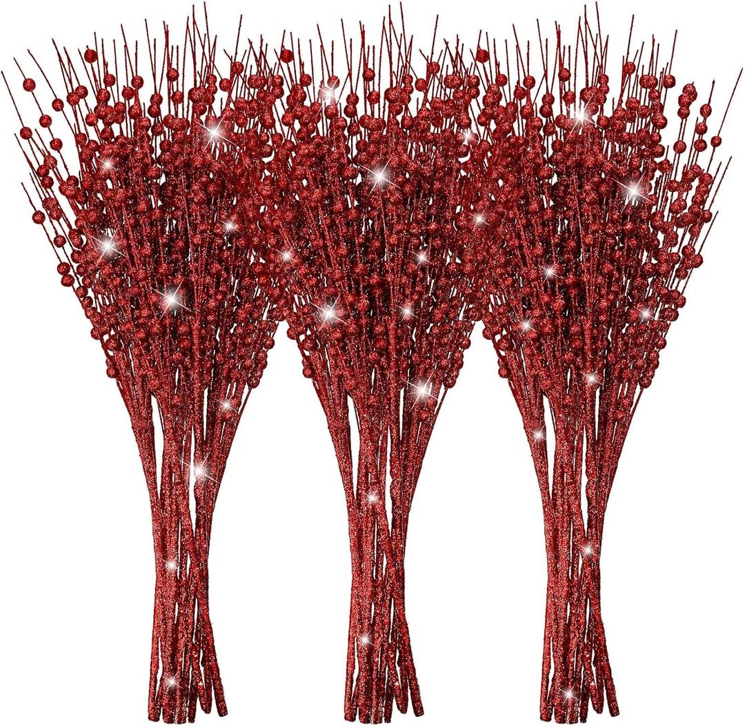 Jutom 12 Pieces Christmas Artificial Glitter Berry Stems 15.7" Holly Berry Picks Ornaments Fake Christmas Tree Pick Sticks Decorations Glitter Twig Branches Gift for Vase Home Wedding Holiday(Red)