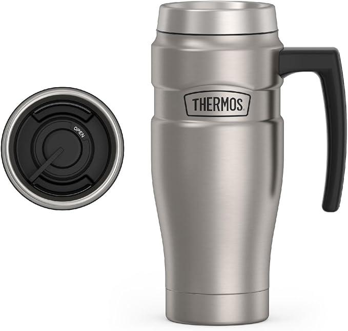 THERMOS Stainless King Vacuum-Insulated Travel Mug with Handle - 16oz, Matte Steel - Thermos Tumbler for Hot & Cold Drinks - Leak-Proof & Sweat-Proof Stainless Steel Coffee Mug with Lid for Commuting,