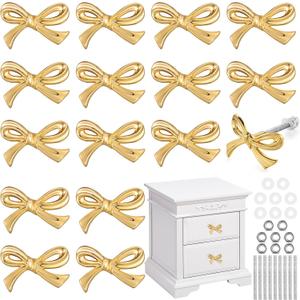 Gold Bow Drawer Knobs Brass Bow Knobs for Dresser Decorative Brass Drawer Pulls Vintage Cabinet Handles for Home Bedroom Kitchen Cabinets Hardware Cupboard(Large Size,16pcs)