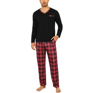 Sykooria Mens Pajamas Set Long Sleeve Soft Sleepwear Cozy Loungewear 2 Piece Comfy Plaid Pjs Set with Pockets (XXL, Black Top & Red Plaid Pant)