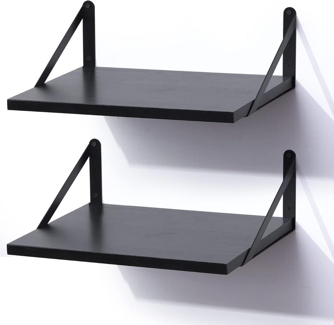 Marsmiles Black Floating Shelves for Wall, 12 Inch Deep Wood Wall Mounted Shelves Set of 2, 16W x 12D Wide Floating Wood Shelves for Bathroom Bedroom Kitchen Living Room, Black