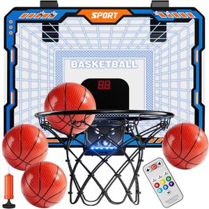TEMI Remote Controller Indoor Basketball Hoop, 7 LED Light Door Basketball Hoop, Mini Hoop with Scoreboard & 4 Balls,Basketball Toys Gifts for 3 4 5 6 7 8 9 10 11 12 Year Old Boys Girls Kids Teen