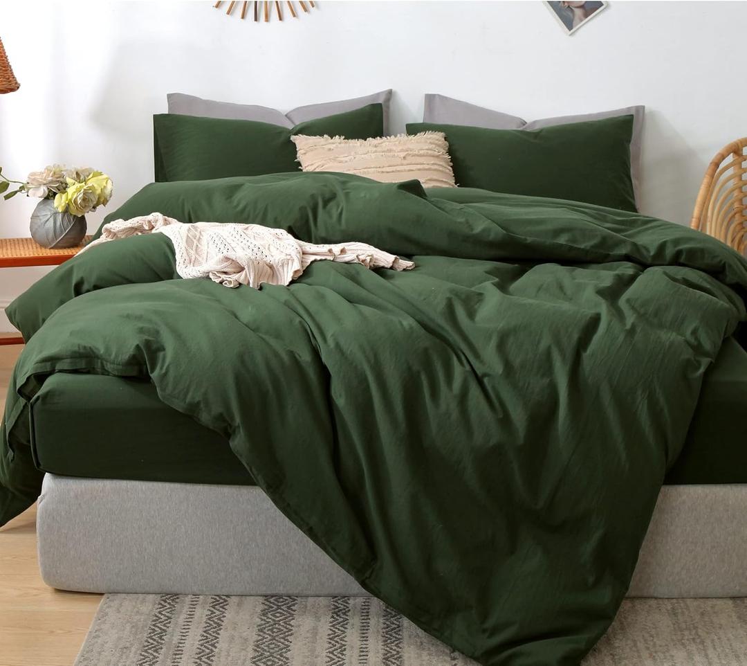 MooMee Bedding Duvet Cover Set 100% Washed Cotton Linen Like Textured Breathable Durable Soft Comfy (Solid Forest Green, Queen 90"x90")