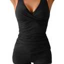 B2prity Women's Tankini Swimsuits Tummy Control Ruched Two Piece Bathing Suit V Neck Wrap Tie Back Swimwear with Shorts, L