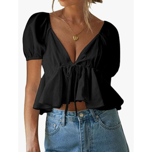 Women's Puff Short Sleeve Tie Up Back Crop Top Deep V Neck Ruffle Hem Peplum Blouse Shirts. Size XL