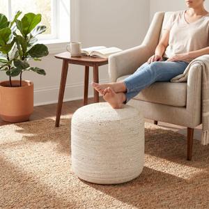Palisa Natural Jute Pouf Ottoman 16 X 18Inch | Handwoven Round Boho Floor Pouf for Living Room Decor | Lightweight Decorative Footrest Accent Stool for Bedroom Nursery & Apartment - White