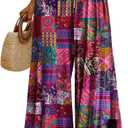 YESNO Women Summer Boho Palazzo Pants High Waist Wide Leg Floral Casual Cotton Lounge Trousers with Pockets L PP0 P002R