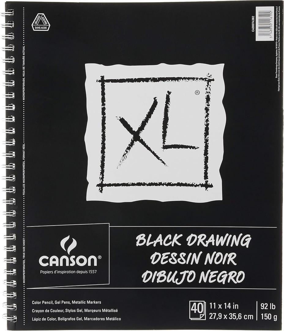 Canson XL Series Drawing Paper, Black, Wirebound Pad, 11x14 inches, 40 Sheets (92lb/150g) - Artist Paper for Adults and Students - Colored Pencil, Ink, Pastel, Marker