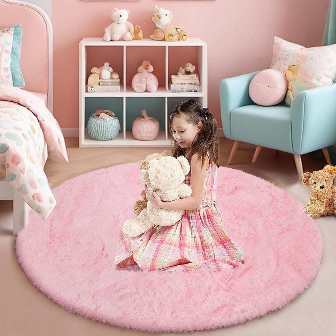 Pink Fluffy Round Area Rugs for Bedroom,3'X3'Shag Circle Area Rugs for Girls Room,Non Slip Fuzzy Plush Rug for Kids Room Living Room and Dorm Home Decor Rug