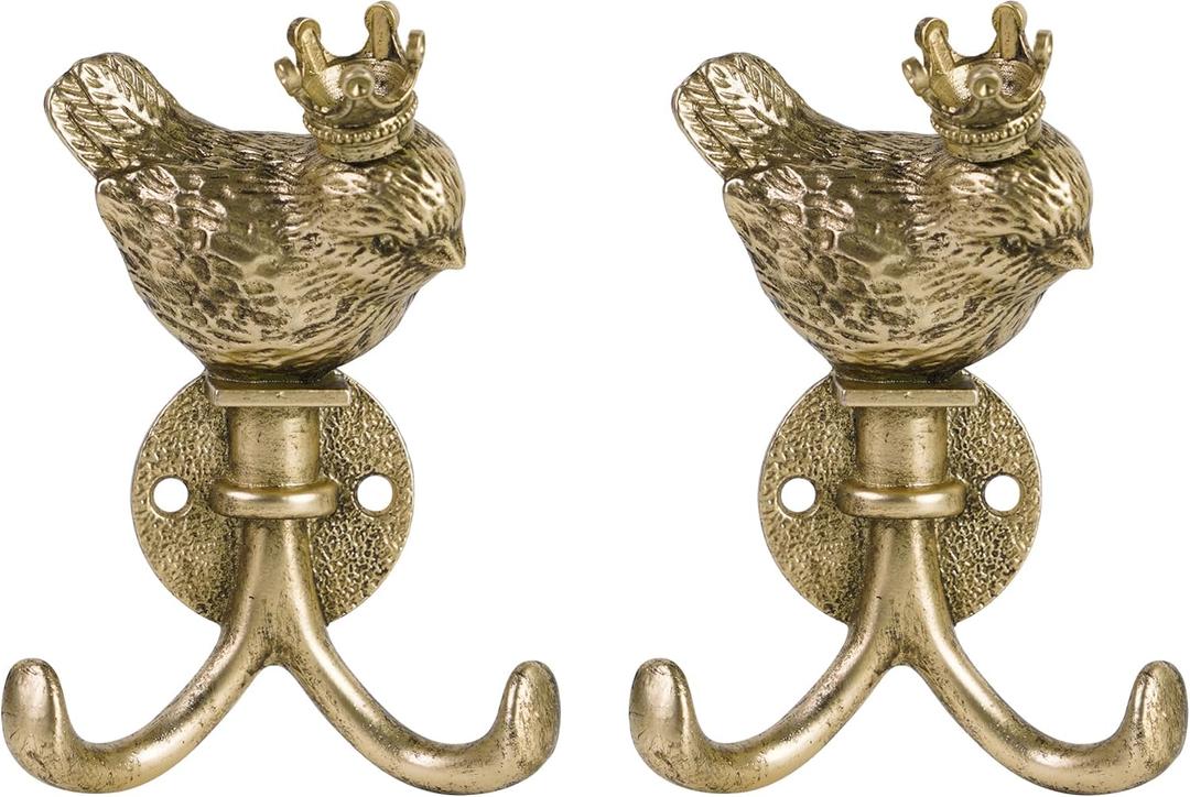 SOFFEE DESIGN 2PCS Crown Bird Double Hooks, Golden Metal Wall Hangers with Twin Prongs for Robes & Hats, Vintage Royal Themed Bedroom Entryway Decor