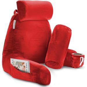 Clara Clark Reading Pillow, Large Back Pillow for Sitting Up in Bed, Memory Foam Back Support Pillow, Reading Pillows for Sitting in Bed Adult, Red Sit Up Pillow for Bed Chair with Arms and Pockets