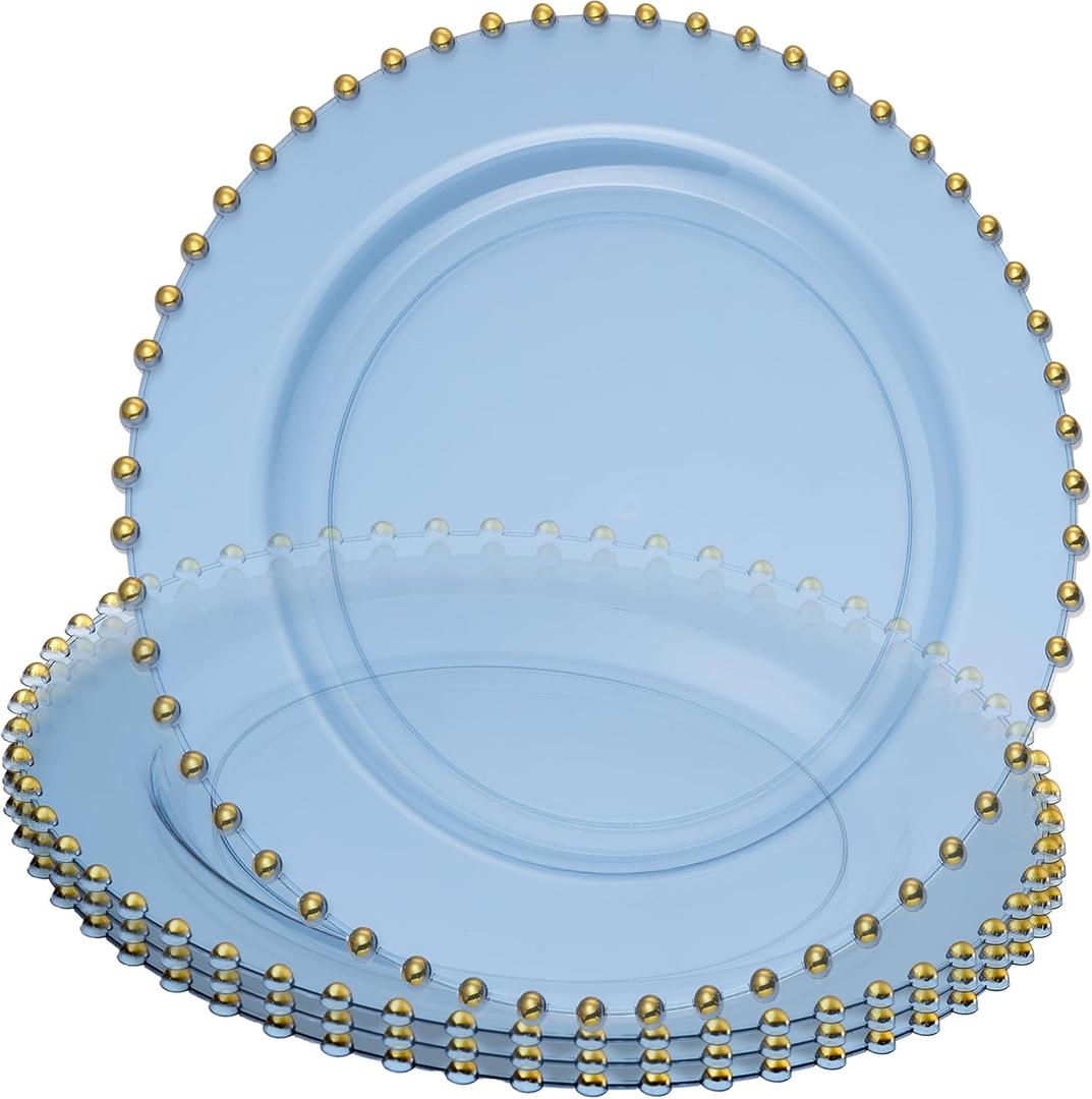 PLASTICPRO Translucent Blue with Gold Rim Plastic Charger Plates with Beaded Edge  Pack of 8  13" Elegant Round Disposable Chargers for Weddings, Events, Parties, and Dinners