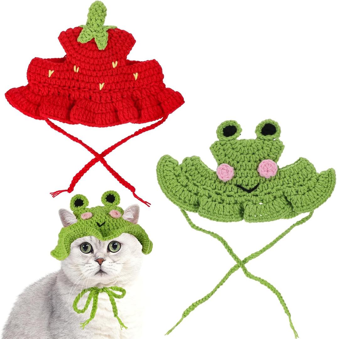 2pcs Frog and Strawberry Cat Hat, Cotton & Soft Cute Knitted Hats for Cats, Christmas Halloween Holiday Party Clothes Birthday Party Puppy Hat for Small Pets (red, green)