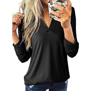 Dokotoo Womens Basic Casual V Neck Plaid Print Cuffed Long Sleeve Work Tops Blouses Shirts S-3XL Z Black Medium