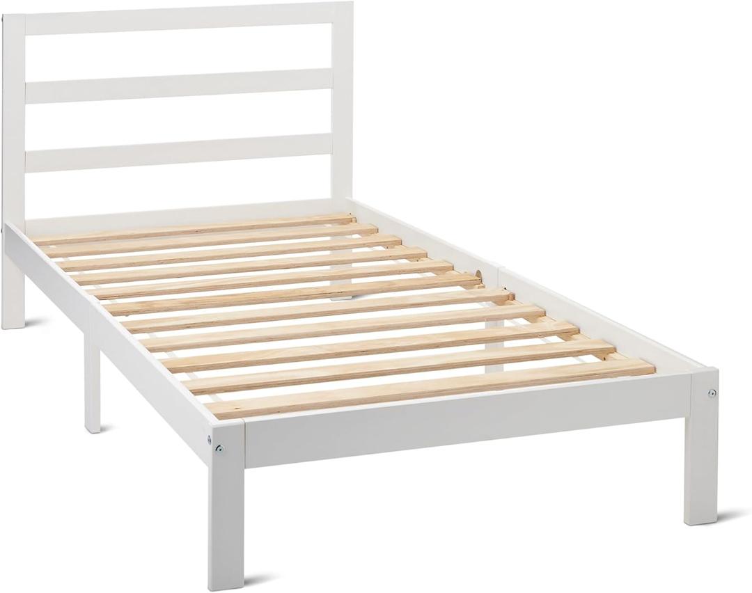 Amazon Basics Twin Bed Frame with Headboard, Solid Pine Wood with Bed Slats, Support, White