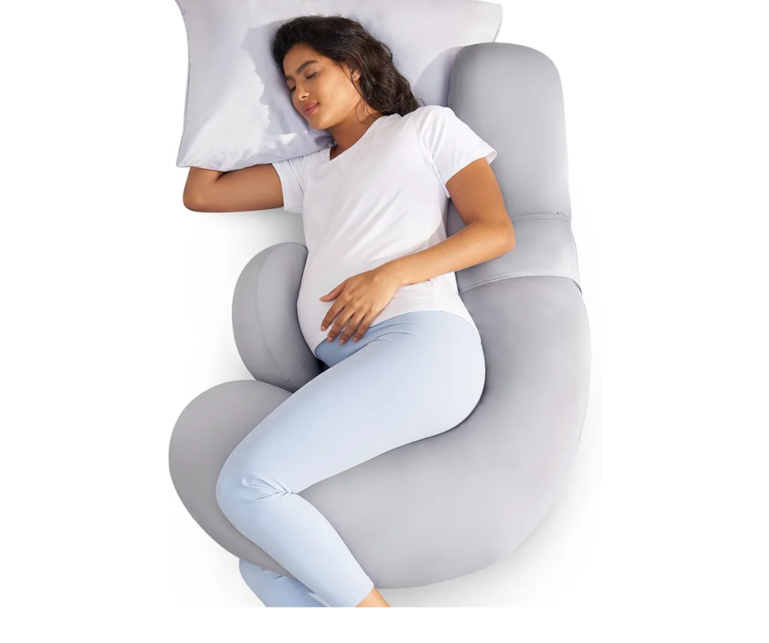 Momcozy Cooling Pregnancy Pillow, Original F Shaped Maternity Pillow for Pregnant Women with Adjustable Wedge Pillow, Full Body Support Pregnancy Pillows for Side Sleeping with Velvet Cover, Light Grey
