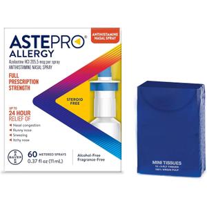 Astepro Nasal Spray and Tissue Bundle, 24-Hour Allergy Relief, Steroid-Free Azelastine HCI, Nasal Congestion, Runny & Itchy Nose, 60 Metered Sprays