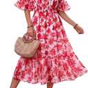 Women's Summer Boho Off Shoulder Midi Dress Ruffle Sleeve Smocked Elastic Waist Flowy Dresses (L)