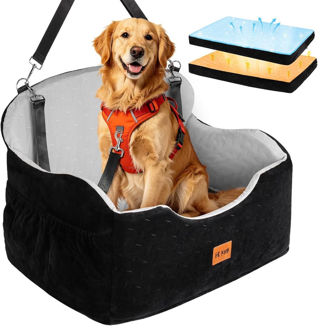 KYG Dog Car Seat for Large Medium Dogs up to 55 lbs or 2 Small Dogs, Memory Foam Booster Seat with Thick Cushion, Water-Resistant & Detachable Washable Cover, Pet Car Seat for Back, 2 Safety Leashes