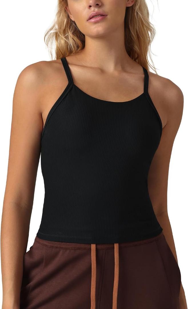 Womens Crop Tank Tops Seamless Yoga Sports Bra Padded Workout Halter Neck Camisole with Built in Bra (Black, L)