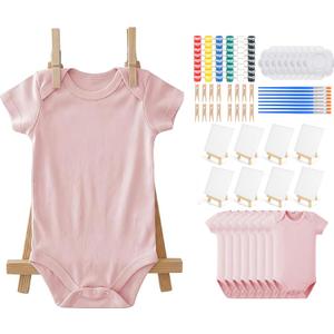 48 Pcs Pink Baby Shower Bodysuit Games Design with Wooden Easel Wooden Clothes Clamp Cotton Blank Bodysuit DIY for Baby Shower Games, Gender Reveal Decorations