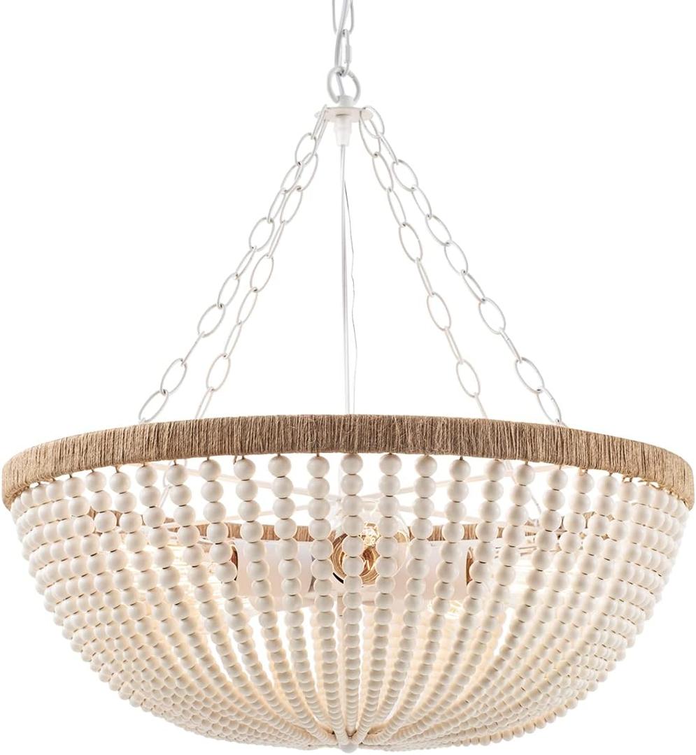 5 Lights Bohemia Wood Beaded Chandelier Farmhouse Antique Rustic Pendant Light for Bedroom Kitchen Island Dining Living Room, White, Dia 22 Inch, A-Round