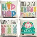 Easter Decor-Throw Pillow Covers 18x18in Set of 4,Spring Linen Pillow Case with Bunny and Egg for Large Couch Sofa Home Indoor Outdoor Holiday Home Decorations (Pink)