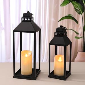 17" 13" Lanterns Decorative Indoor Outdoor, Set of 2 Modern Farmhouse Metal Black Lantern with Candles, Boho Rustic Decor Decorative Lanterns for Mantle, Fireplace, Patio, Porch, Home Decor